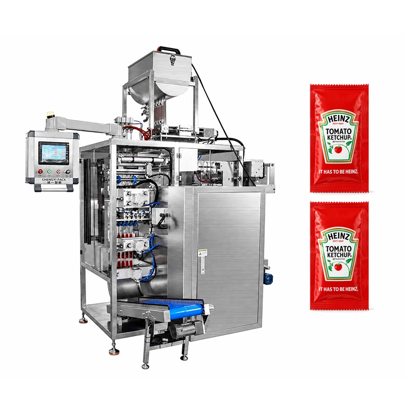 M&aacute;quina empacadora de bolsitas de salsa de tomate y 4 carriles